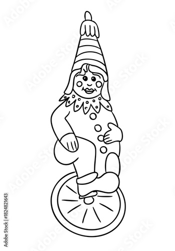 A festive clown rides a unicycle in a playful holiday-themed outline illustration. The concept reflects circus fun, cheerful performance and whimsical Christmas entertainment
