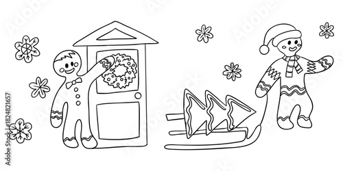 Gingerbread characters stand by a decorated door and sleigh in a festive holiday scene, capturing a playful Christmas moment. The concept shows winter celebration, joy and holiday tradition