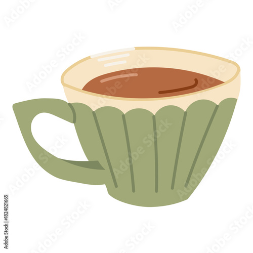A warm beverage sits in a decorative cup illustrated in a simple cozy style. The concept conveys comfort, relaxation and a calm homely atmosphere