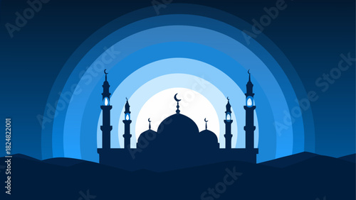 Silhouette of a mosque with minarets under a crescent moon and a gradient of blue circles behind