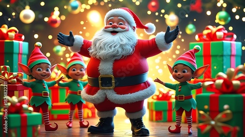Vibrant 3D render of jolly Santa Claus with three happy elves and piles of gifts