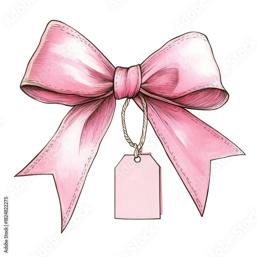 Pink Ribbon Bow With a Blank Tag for Gift Wrapping on a Light Background
