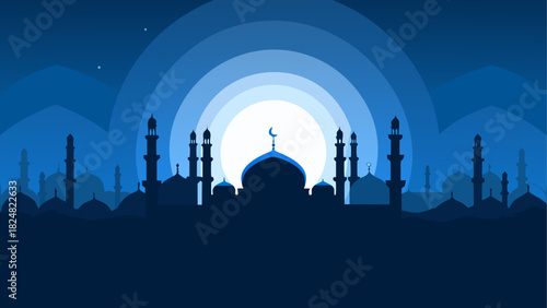 Silhouette of a mosque with minarets under a crescent moon and layered blue sky background design