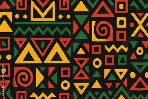 African tribal pattern, traditional colors of black, red, yellow and green