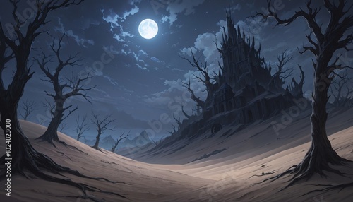 dark castle in a moonlit forest landscape
