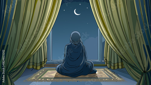 Woman in hijab sitting on prayer rug gazing at the moon through window framed by curtains at night