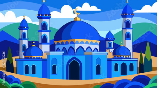 Illustration of a blue mosque with minarets and a golden crescent moon against a colorful landscape