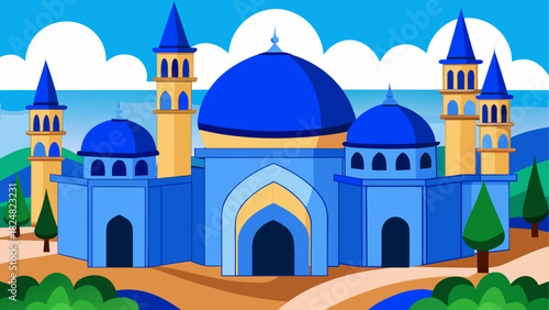 Illustration of a blue mosque with domes and towers against a cloudy sky and green landscape scene