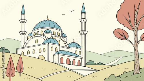 Cartoon illustration of a mosque with blue domes and minarets in a landscape setting with trees