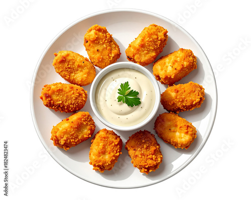 A top-down flat-lay illustration showing a white plate with chicken nuggets evenly ar