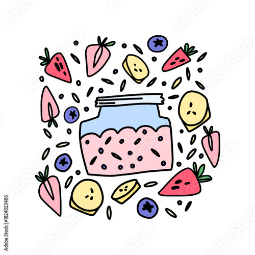 Overnight lazy no-cook oats in a jar among oatmeal, chia seeds, and fresh berries, chia pudding