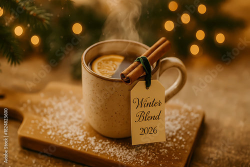 Mulled wine in a mug with a slice of orange and cinnamon sticks on a Christmas background in the style of bokeh. There is a Happy New Year greeting card on the mug.