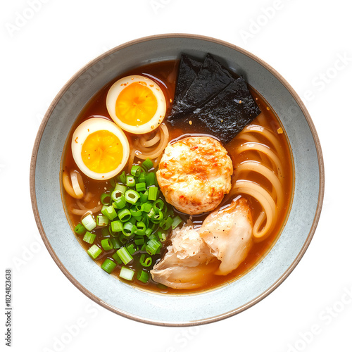 Warm Bowl of Noodle Soup With Egg, Fish Cakes, Seaweed, and Green Onions in a...