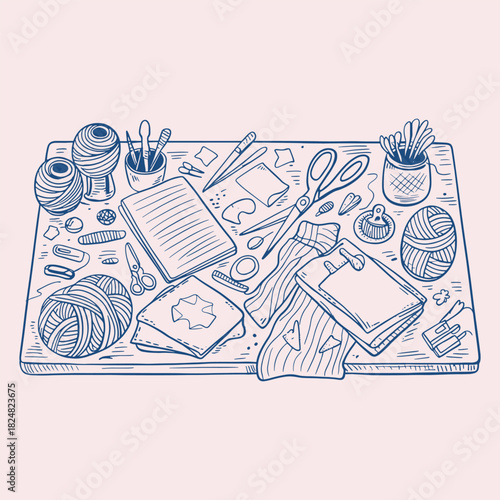Hand drawn illustration of sewing and crafting supplies on a wooden surface hobby yarn