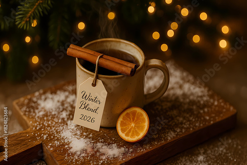 Mulled wine in a mug with a slice of orange and cinnamon sticks on a Christmas background in the style of bokeh. There is a Happy New Year greeting card on the mug.