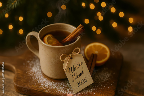 Mulled wine in a mug with a slice of orange and cinnamon sticks on a Christmas background in the style of bokeh. There is a Happy New Year greeting card on the mug.