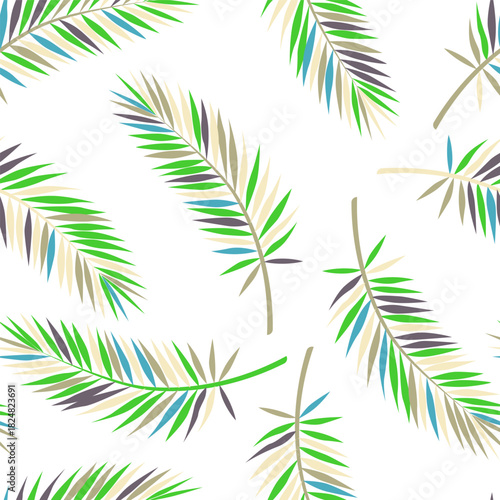 Palm frond leaf pattern repeating seamlessly with playful blue, green, and beige colors. Abstract tropical foliage scatter on clean white background. Ideal for summer resort, swimwear, or digital pape