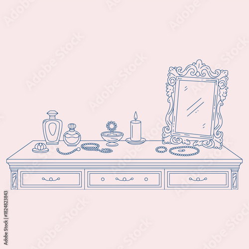 Line art illustration of a vanity table with perfume bottles jewelry and a mirror dresser furniture