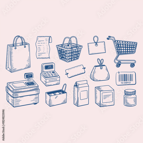 Hand drawn blue shopping items on a light pink background retail commerce