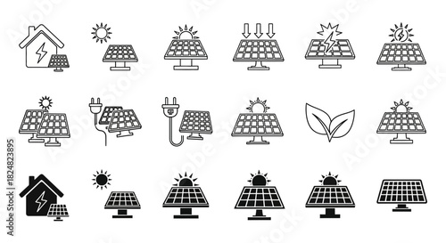 Solar energy icons, renewable power sources, sustainable technology, and eco-friendly electricity generation symbols
