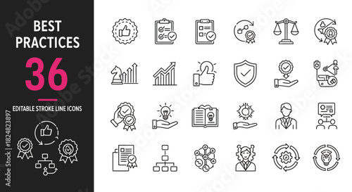 Modern collection of editable stroke line icons illustrating best practices, business excellence, strategic management, and quality control principles for various applications