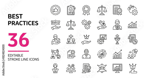 A set of thin line vector icons related to corporate best practices, quality management, and business standards. Editable outline symbols