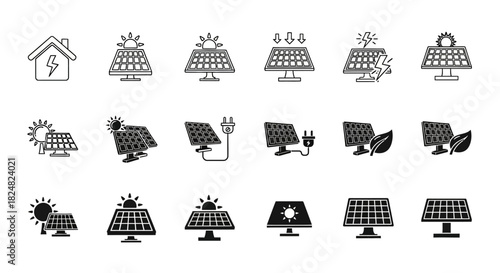 Collection of solar panel icons, representing renewable energy generation and sustainable power solutions for eco-friendly technology