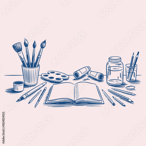 Open book with art supplies including brushes paint palette pencils and jars on a table drawing painting