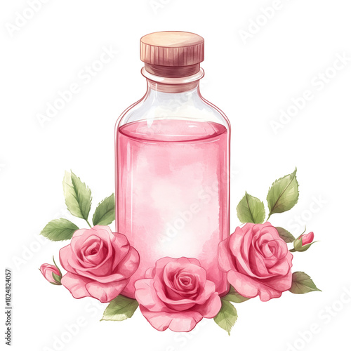 Bright Pink Rose Water Bottle With Fresh Roses on a White Background