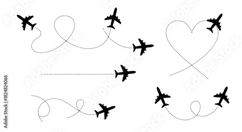 Dynamic set of airplane silhouettes charting diverse dotted flight paths, representing concepts of travel, adventure, global journeys, and aviation routes, ideal for modern graphic design