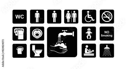 Collection of restroom and public facility pictograms, including WC, toilet, sink, shower, disabled access, and baby changing icons