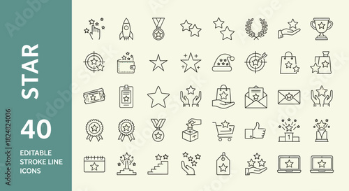 Collection of star outline icons representing awards, ratings, and success. Editable thin line vector symbol set for web and graphic design