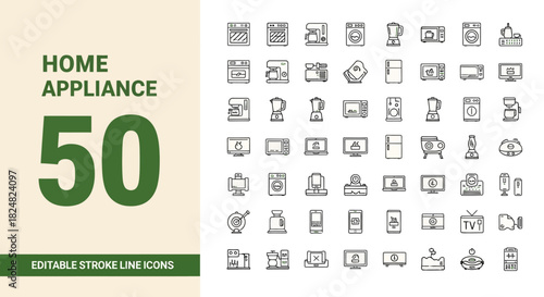 Home Appliance Icon Set A Collection of 50 Editable Stroke Line Icons for Household Items