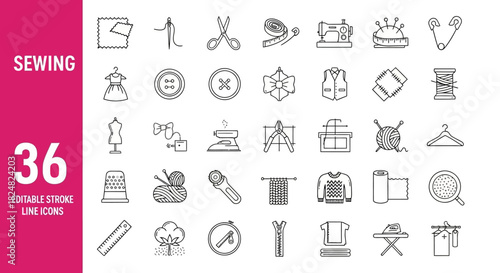Collection of 36 Sewing Icons Editable Stroke Line Art for Crafts and Fashion
