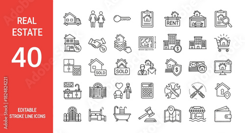 Real Estate Icon Set 40 Editable Line Icons for Property, Housing, and Mortgage Concepts