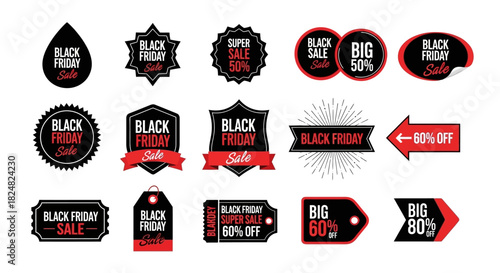 Black Friday Sale Badges and Stickers Design Elements for Promotional Offers and Discounts