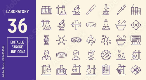 Laboratory equipment icons set with editable stroke in line art