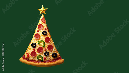 A triangular slice of Christmas pizza, imitating a Christmas tree, on a green background. Copy space. AI generative.