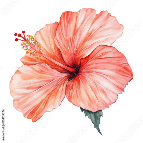 Bright Pink Hibiscus Bloom With Delicate Petals and Green Leaves in a Simple ...
