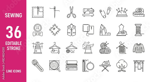Modern linear vector icon set for sewing, tailoring, and textile crafting, illustrating essential tools and processes with editable stroke designs for various creative projects