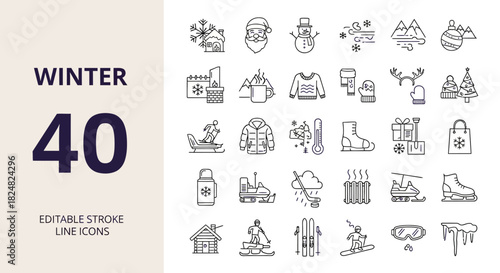 Winter activities and holiday vector line icon set. Collection of editable stroke symbols including skiing, snowman, and snowflake graphics