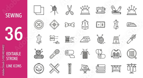 Comprehensive set of sewing and tailoring line icons, featuring editable stroke vectors for fashion, craft, and needlework projects