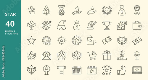40 Editable Stroke Icons Featuring Stars, Rewards, Achievements, and Success Elements in a Linear Design