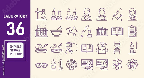 A detailed set of scientific research outline icons featuring laboratory equipment, chemical analysis symbols, and biotechnology graphics with an editable stroke vector design