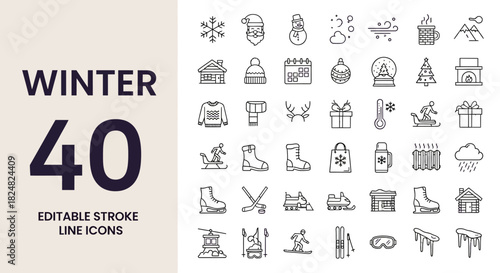 Extensive Collection of 40 Winter Season Editable Stroke Line Icons for Cold Weather Concepts and Festive Holiday Designs