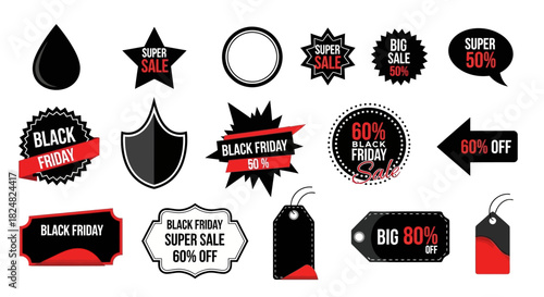 Collection of vector graphic elements featuring black and red sale banners, price tags, and promotional discount stickers for commercial use