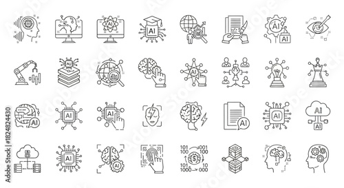 Thin line icon set for artificial intelligence and machine learning. Vector symbols collection representing robotics, data science, and neural networks