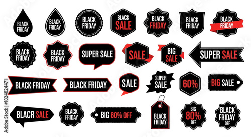 Collection of modern black and red promotional stickers and labels for Black Friday sales events, isolated vector graphic design elements