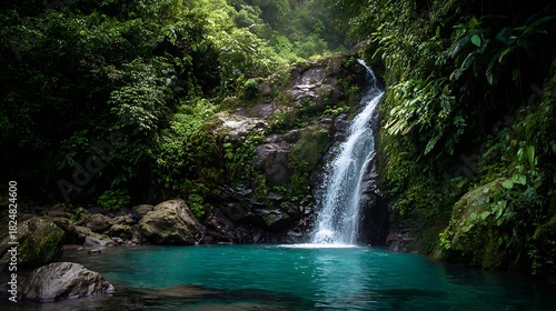 Tropical jungle waterfall lush emerald greens and turquoise highlights