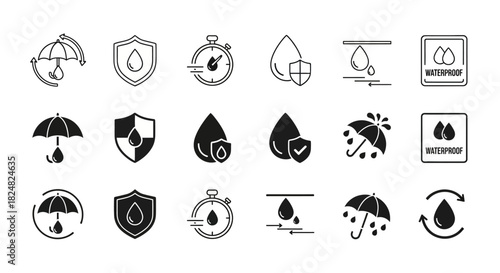 Waterproof Icon Set Protection, Durability & Water Resistance Vectors